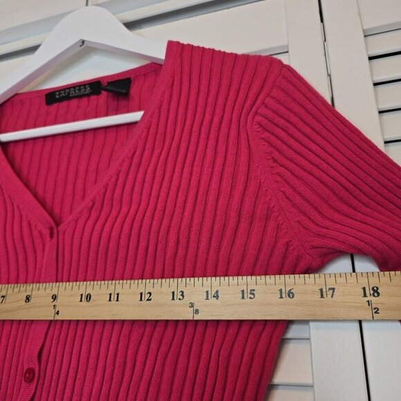 EXPRESS Rib Cotton Button Cardigan Pink Slim Long Sleeve V Neck Women Large Y2K - Picture 8 of 12